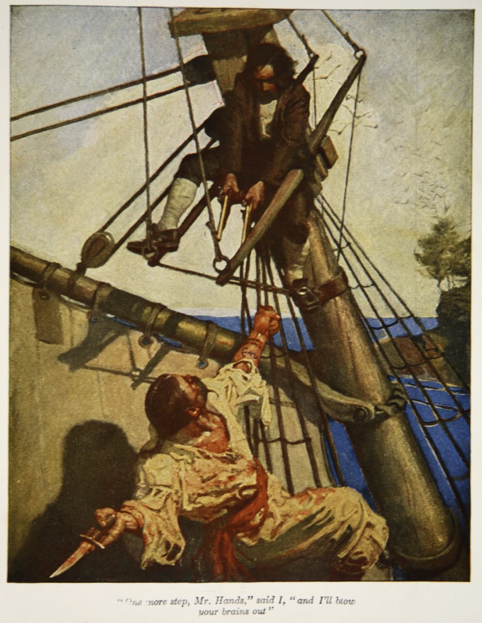 Jeszcze jeden krok, panie Hands, powiedziałem, a rozwalę panu łeb, ilustracja z "Wyspy skarbów" Roberta Louisa Stevensona, wyd. Charles Scribner