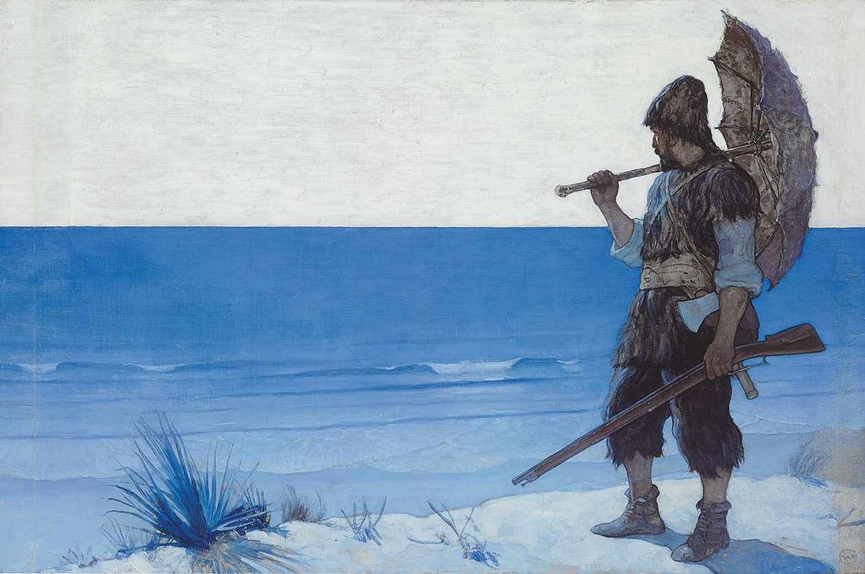 Robinson Crusoe: Wyklejka autorstwa Newell Convers Wyeth