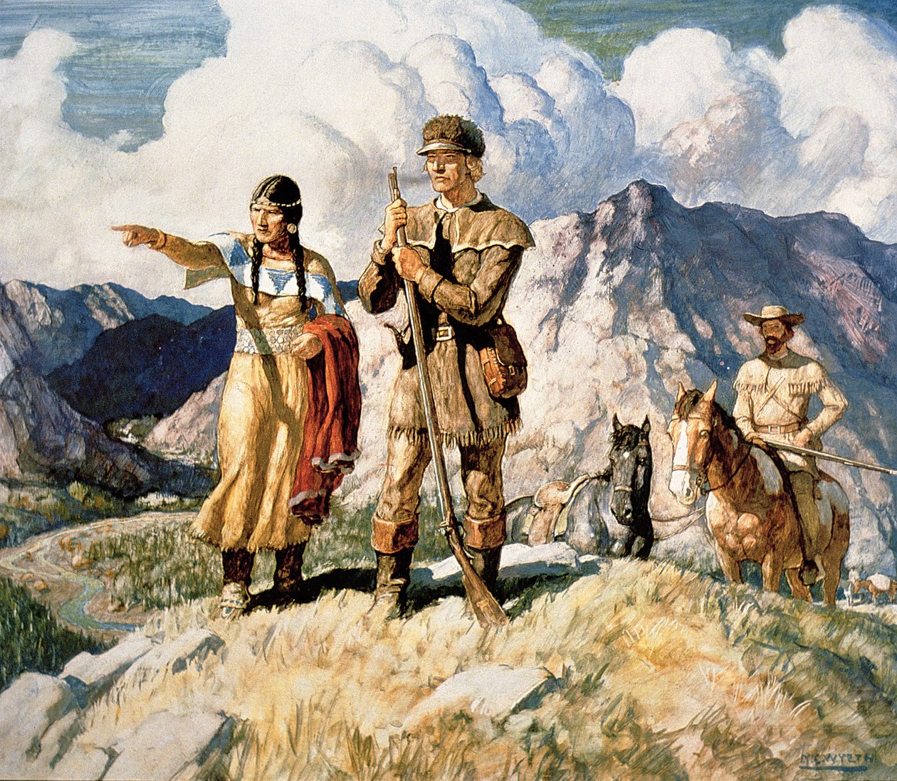 Sacagawea z Lewisem i Clarkiem podczas wyprawy 1804-06 (kolor lito) autorstwa Newell Convers Wyeth