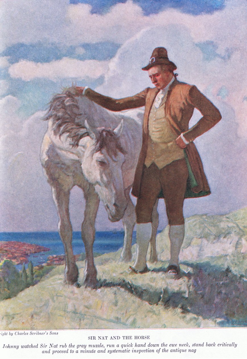Sir Nat i koń: Johnny patrzył, jak Sir Nat pociera szary pysk; cofnij się i przejdź do drobiazgowej i systematycznej kontroli, 1928 autorstwa Newell Convers Wyeth