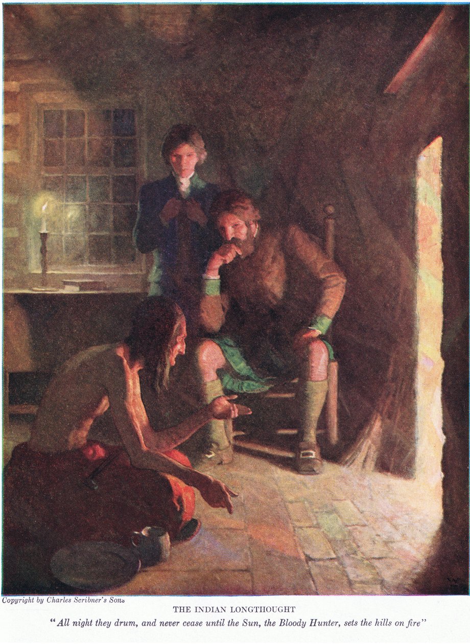 Indianin długo myślał! Całą noc bębnią i nie przestają, dopóki słońce, krwawy łowca, nie podpali wzgórz, 1928 autorstwa Newell Convers Wyeth