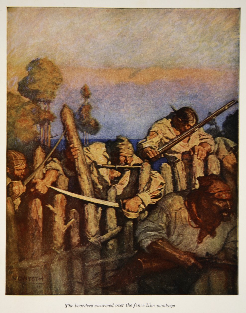 Pensjonariusze roili się przez płot jak małpy, ilustracja z pubu „Wyspa skarbów” Roberta Louisa Stevensona. przez Synów Charlesa Scribnera, 1911 autorstwa Newell Convers Wyeth
