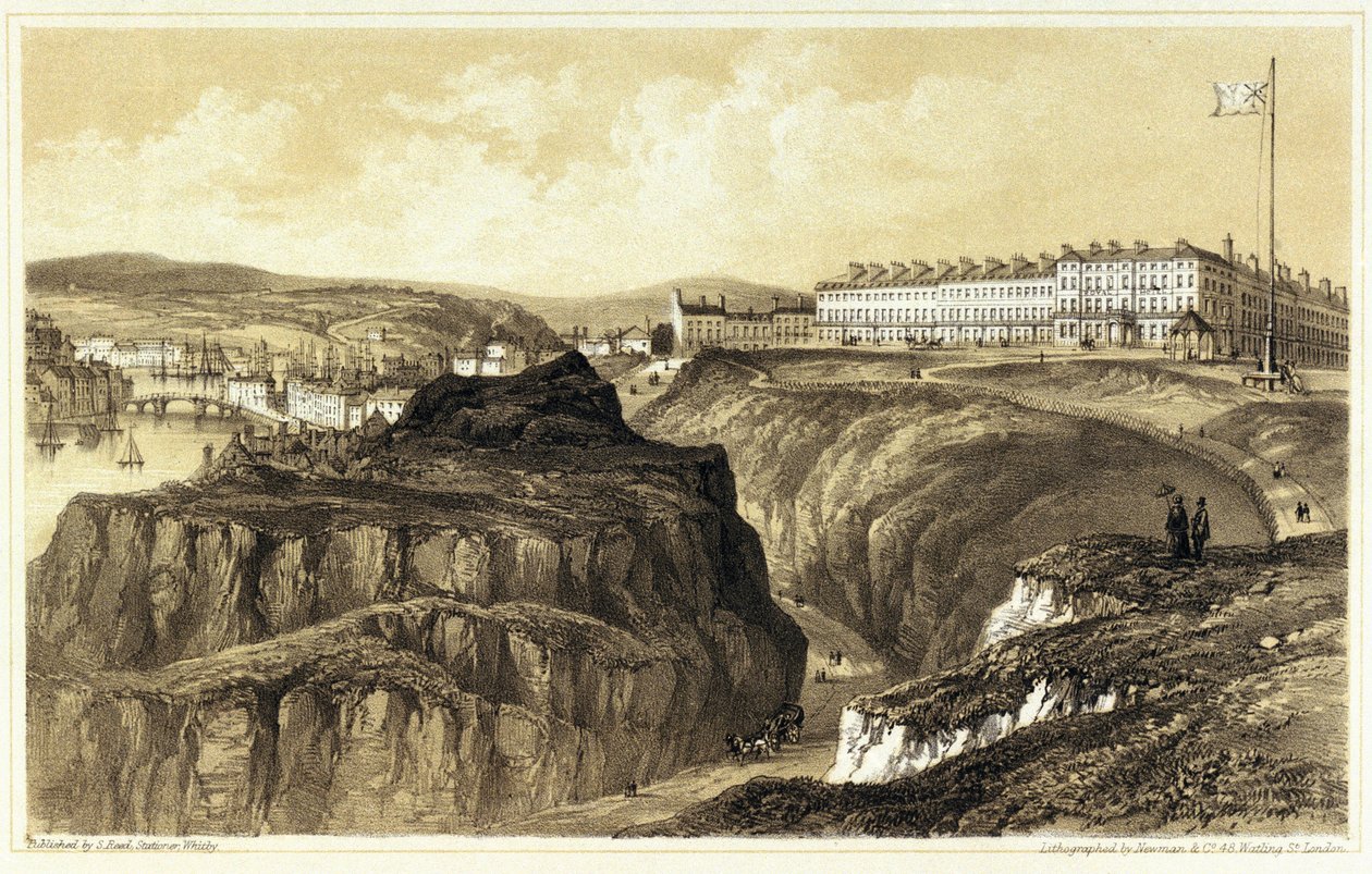 Whitby, przełęcz Khyber (Anglia), z widokiem na budynki miasta i fort. Litografia, grawerowana przez Newman  Co, opublikowana przez S.Reed. autorstwa Newman & Co.