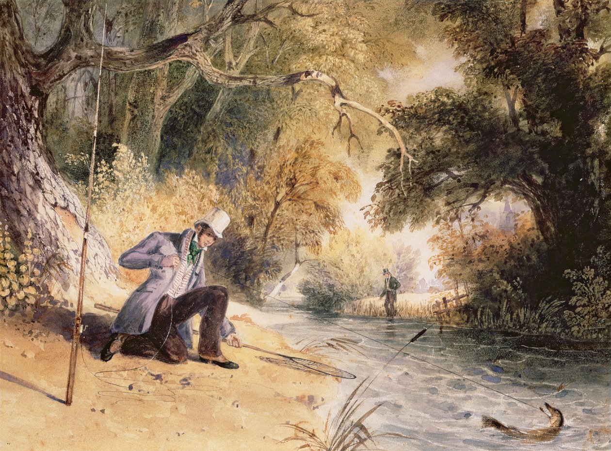 Łowienie szczupaków, Landing a Jack, ok.1839 (akwarela na papierze) autorstwa Newton Fielding