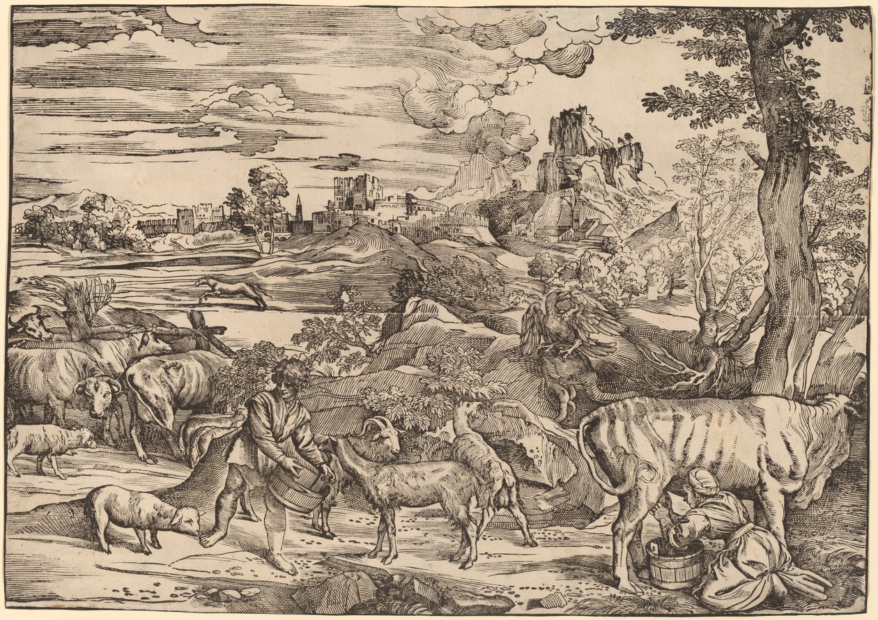 Krajobraz z dojarką autorstwa Niccolò Boldrini after Titian