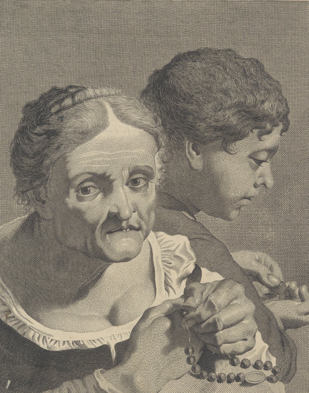 Kopia na rewersie starej kobiety z różańcem i chłopcem liczącym monety, tabliczka 10 fr..., ca. 1750-90. autorstwa Niccolò Cavalli