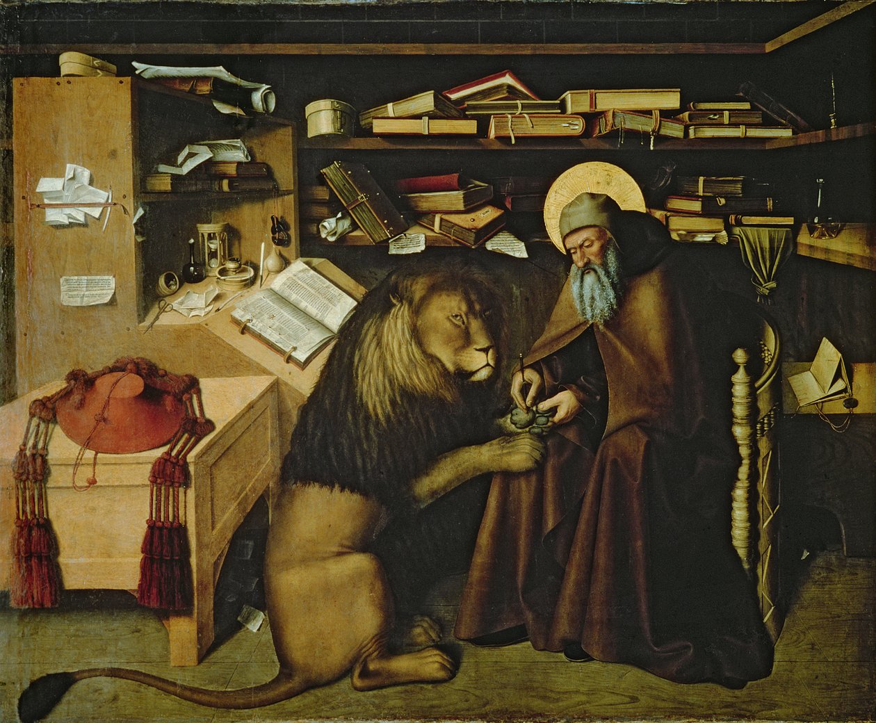 Św. Hieronim usuwający cierń z lwiej łapy, ok. 1445 (szczegóły w 178986) autorstwa Niccolo Antonio Colantonio