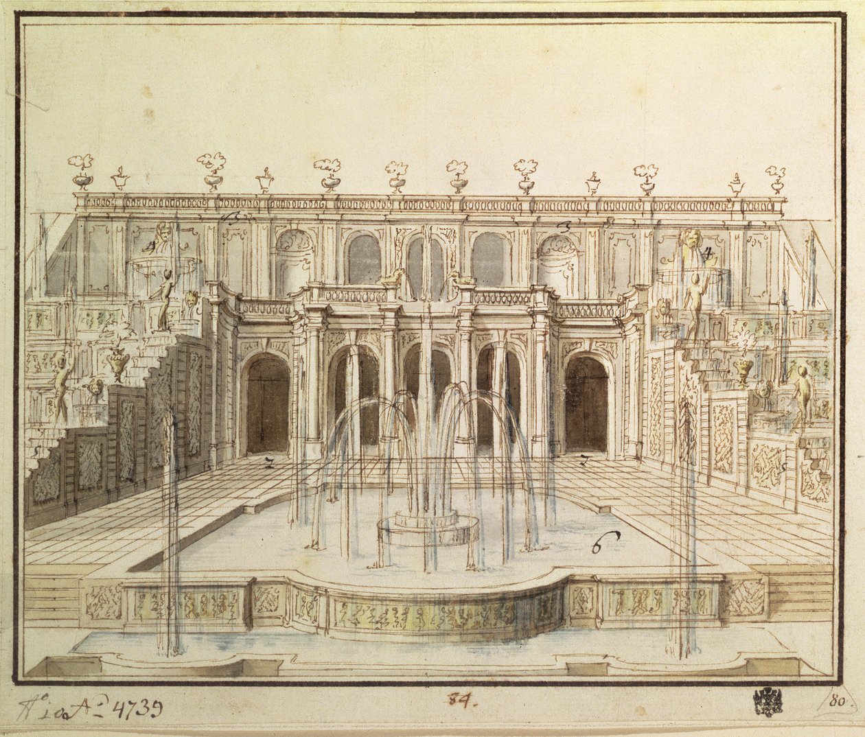 Wielka Kaskada w dolnym parku w Peterhofie, 1720 (pióro, pędzel, atrament i toaleta) autorstwa Niccolo Michetti