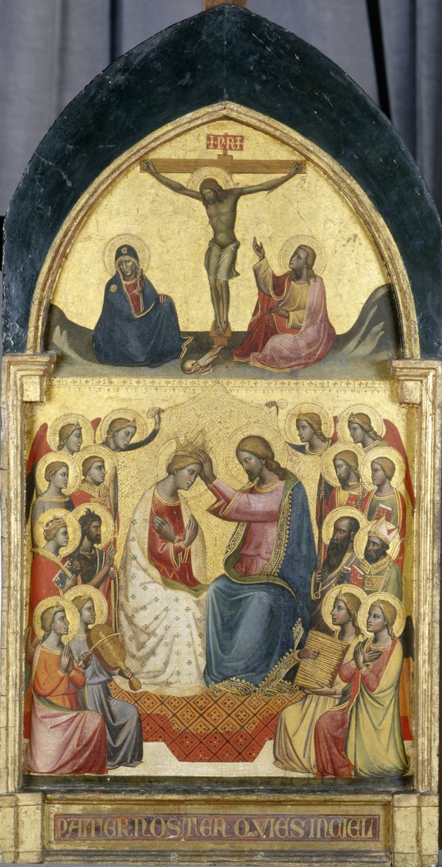 Koronacja Matki Boskiej z aniołami, świętymi i Ukrzyżowaniem, ok. 1405 (tempera na drewnie topoli) autorstwa Niccolo di Pietro workshop of Gerini