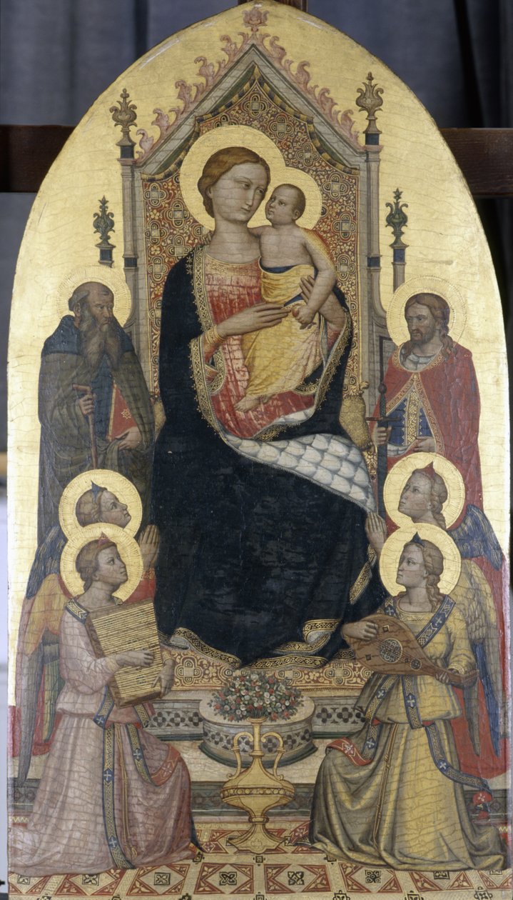 Madonna na tronie z Dzieciątkiem, św. Antonim i Julianem oraz czterema aniołami (tempera na drewnie topoli) autorstwa Niccolo di Pietro workshop of Gerini