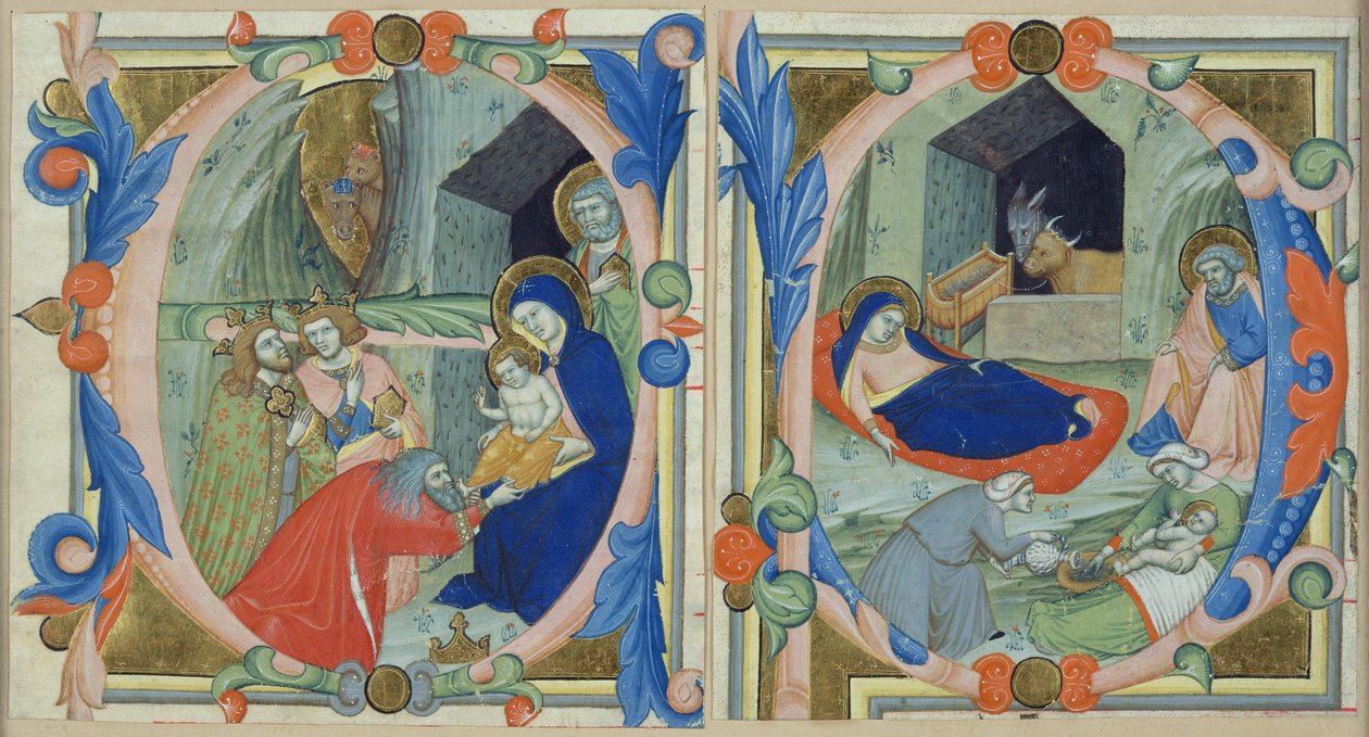 Adoracja Trzech Króli, w inicjale „E”, a Narodzenia, w inicjale „F” (vellum und gold) autorstwa Niccolo di ser Sozzo Tegliacci