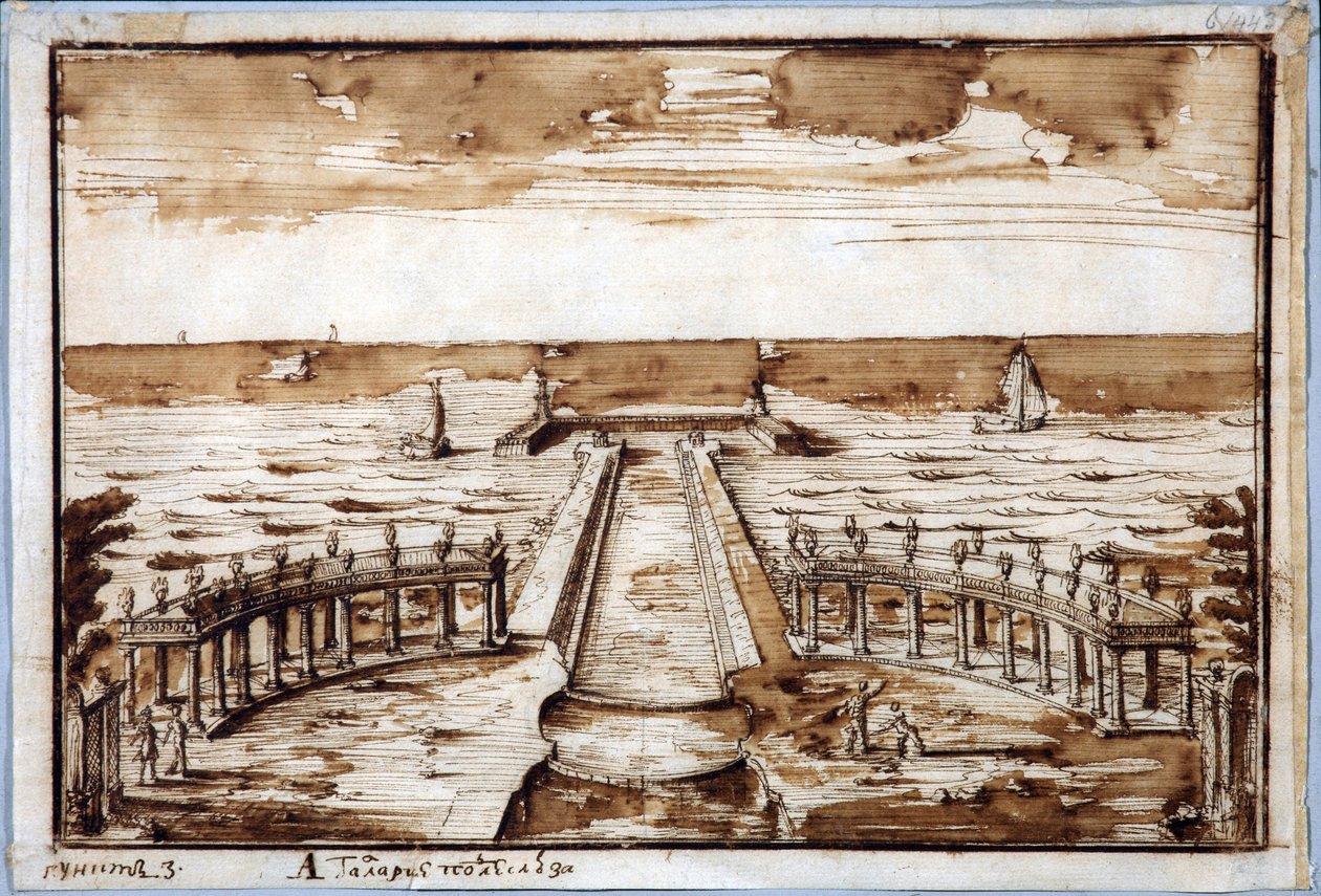 Kolumnada „Galeria krzywych” przy Gateway w Peterhofie. Projekt - Nicola Michetti (1675-1759). Pióro, brązowy tusz indyjski na papierze autorstwa Niccolo Michetti