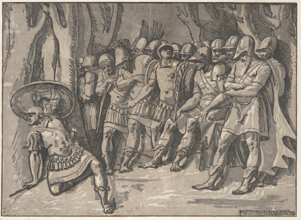 Ajax w lewym dolnym rogu trzymający w górze tarczę, po prawej stoi Agamemnon otoczony przez jego..., 1540-50. autorstwa Niccolo Vicentino