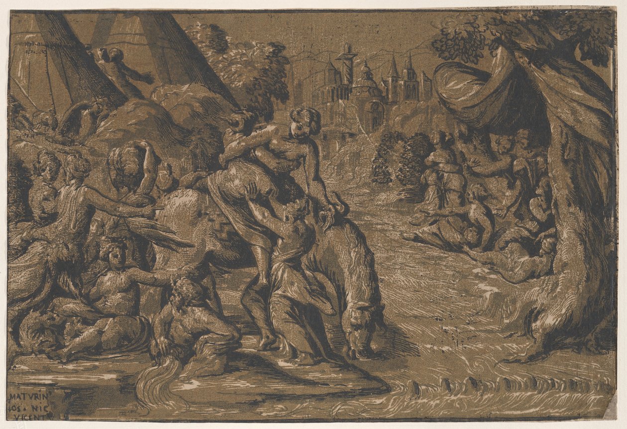Cloelia rzymska bohaterka w centrum wsiadana na konia, Rzym w tle,..., 1540-50 autorstwa Niccolo Vicentino