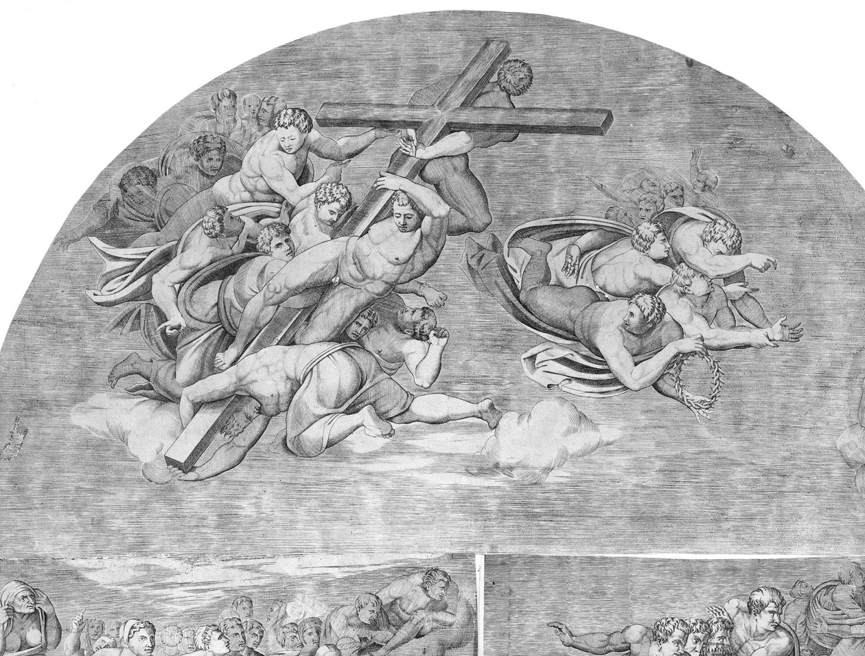 Aniołowie niosący krzyż ze świętymi poniżej lewej górnej części Sądu Ostatecznego, 1548., 1548. autorstwa Niccolo della Casa