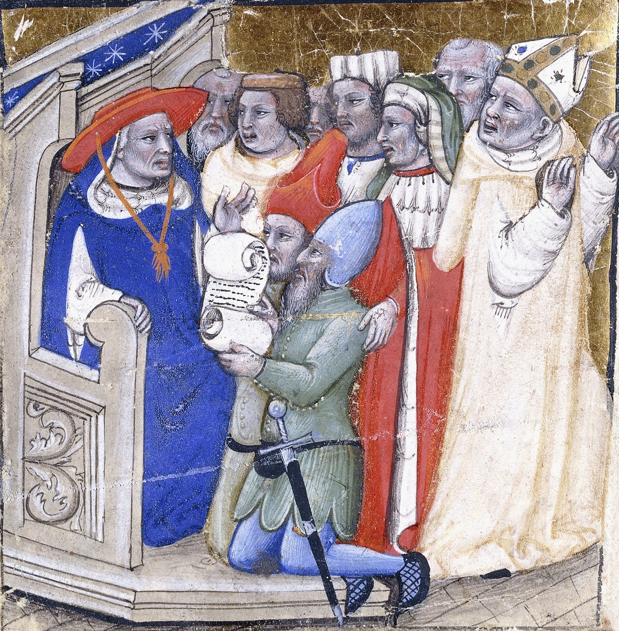 Kardynał zasiadający w sądzie nad biskupem, oskarżonym przez dwóch świeckich, ok. 1380 (farba i złoty płatek na welinie) autorstwa Niccolo di Giacomo