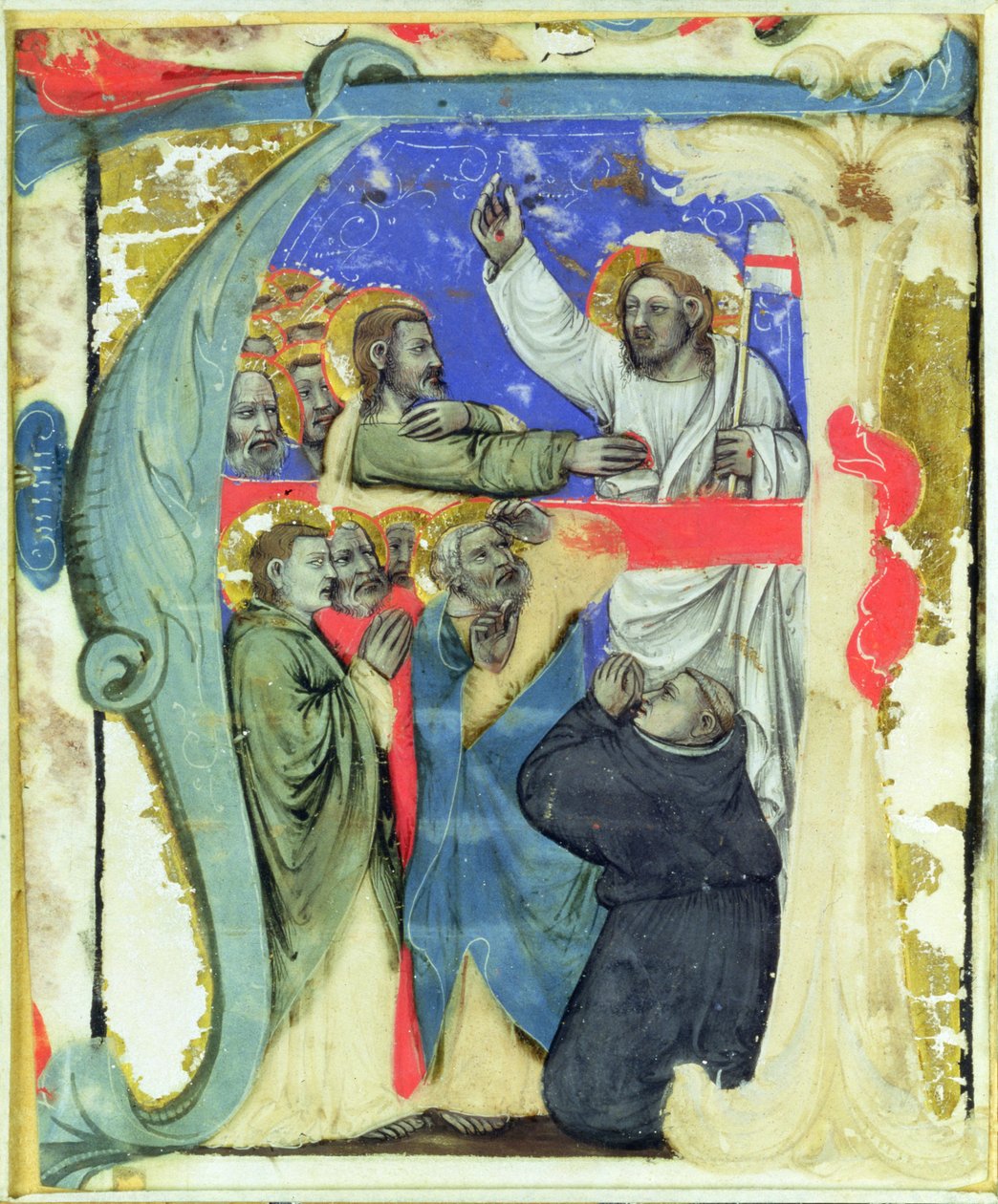 Historyczny inicjał „A” przedstawiający Niedowierzanie św. Tomasza, c.1370 autorstwa Niccolo di Giacomo