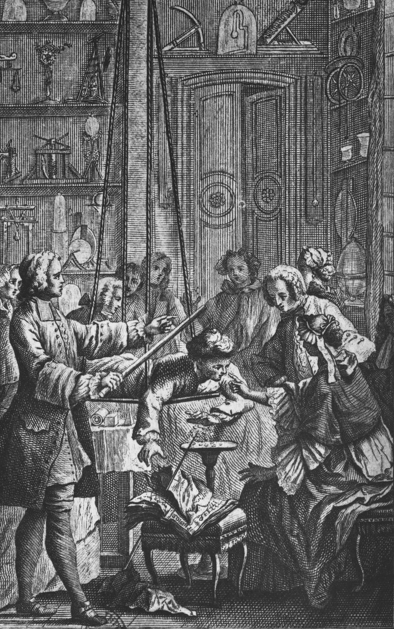 Eksperyment elektryczny wykonany na człowieku przez Abbe Jean Antoine Nollet (1700-70) w gabinecie fizyka, frontispisowa ilustracja z 