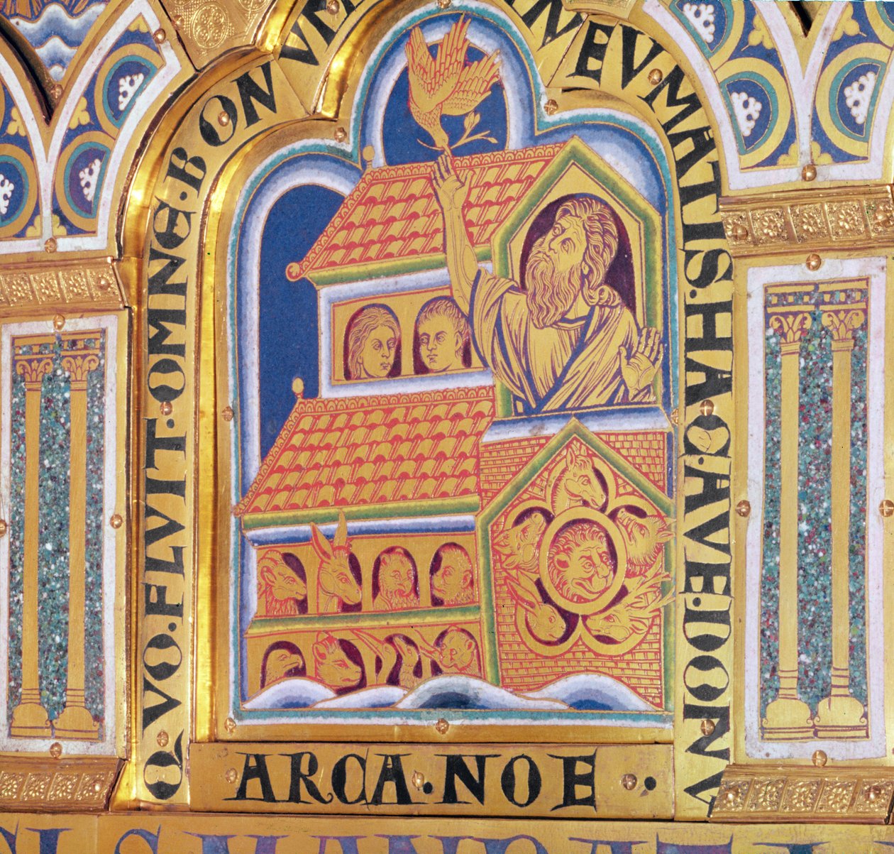 Noe i Arka, fragment jednego z 51 paneli Ołtarza Verduner, 1181 (szkliwo emaliowane) autorstwa Nicholas of Verdun