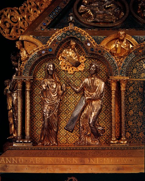 Zwiastowanie, 1205 (złocone srebro, złocona miedź, emalia i filigran na drewnie) autorstwa Nicholas of Verdun
