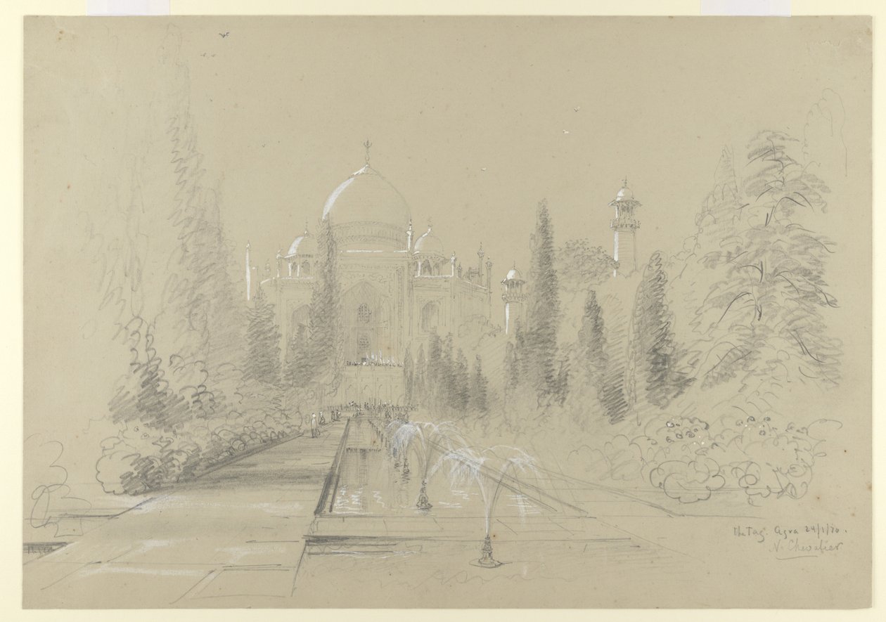 Taj Mahal, Agra, 24 stycznia 1870 (ołówek z białym podwyższeniem na papierze) autorstwa Nicholas Chevalier