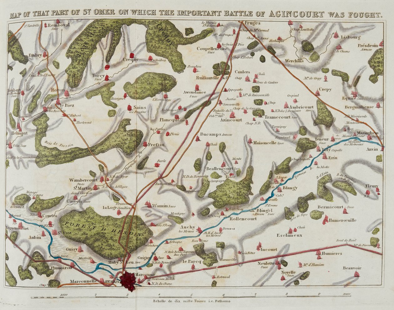 Mapa tej części St. Omer, na której rozegrała się ważna bitwa pod Agincourt, ilustracja z „Historii Agincourt; i wyprawy Henryka Piątego do Francji... autorstwa Nicholas Harris Nicolas