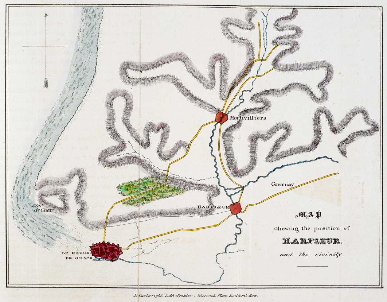 „Mapa przedstawiająca położenie Harfleur i okolice”, ilustracja z „Historii bitwy pod Agincourt i wyprawy Henryka Piątego do Francji...” autorstwa Nicholas Harris Nicolas