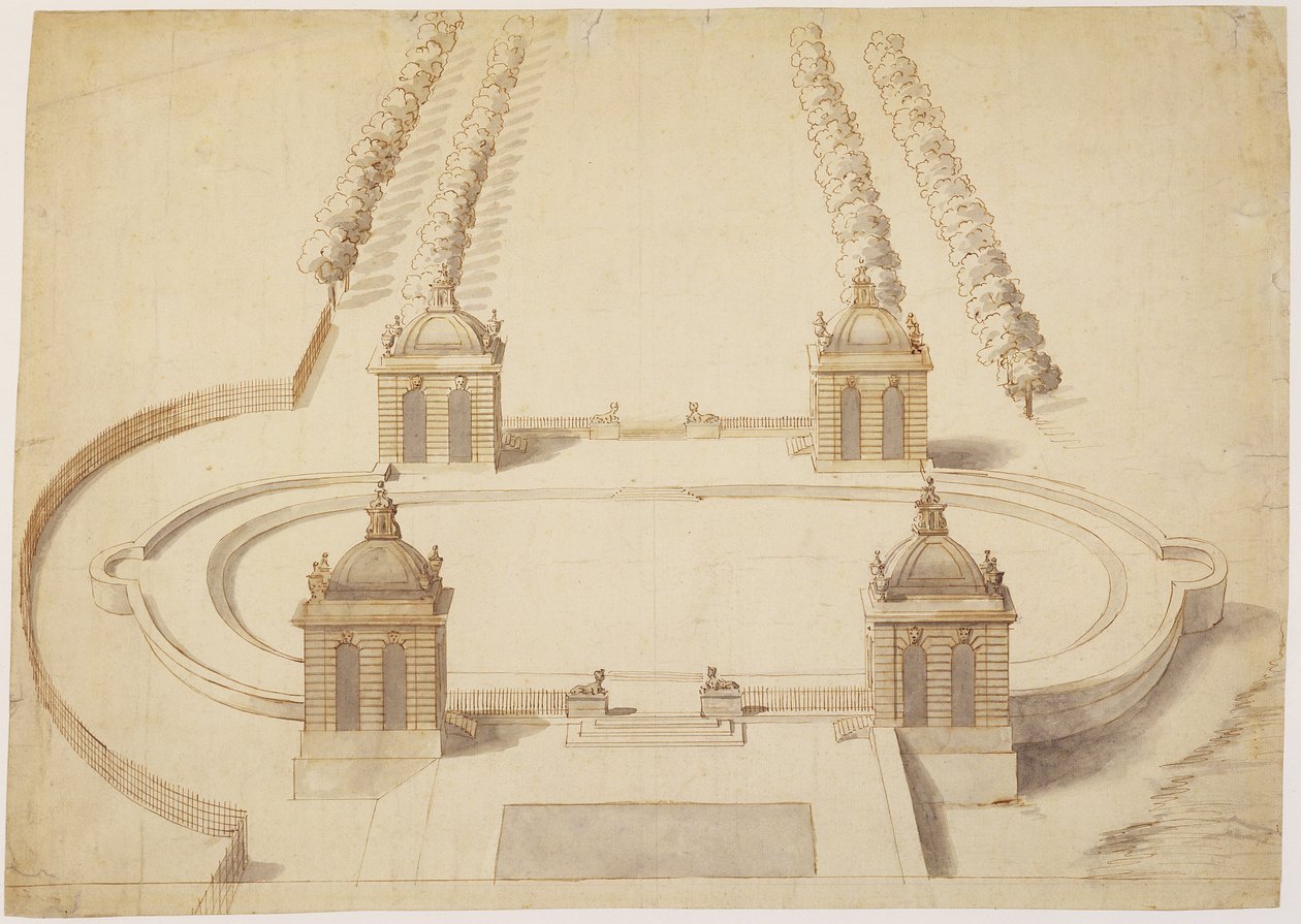 Projekt dla Bowling Green, Hampton Court, c.1689-91 (długopis i brązowy tusz, wash i grafit na papierze) autorstwa Nicholas Hawksmoor