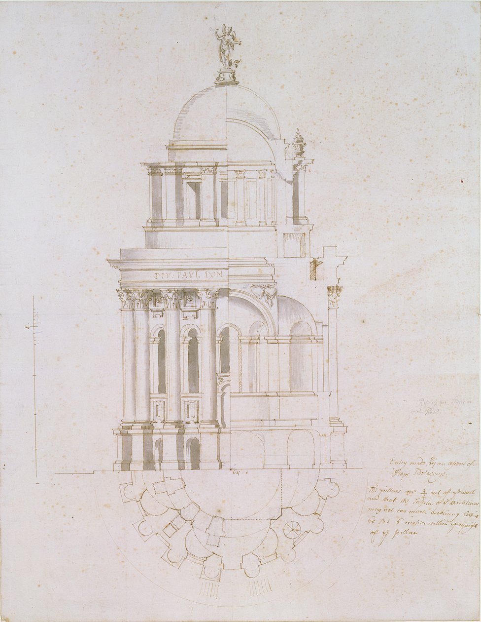 Elewacja, przekrój i plan niezrealizowanego baptysterium dla katedry św. Pawła, ok. 1711-12 (pranie piórem i tuszem na papierze) autorstwa Nicholas Hawksmoor