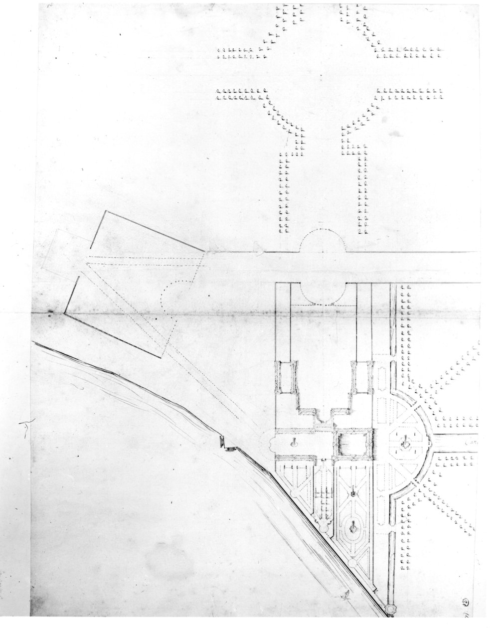 Plan sytuacyjny schematu I, Hampton Court, 1689 (pióro, tusz i ołówek na papierze) autorstwa Nicholas Hawksmoor