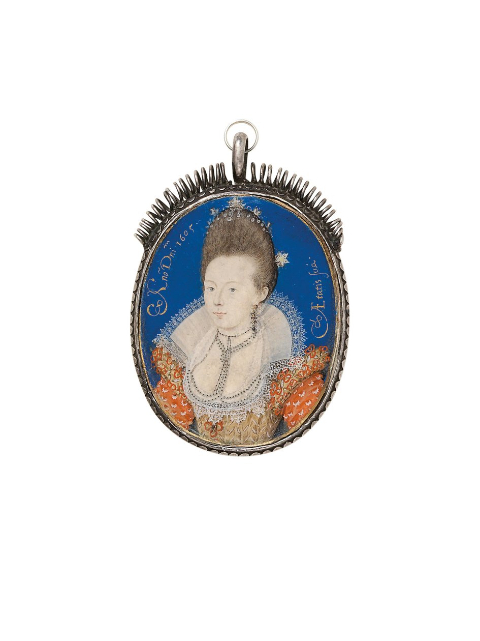 Dama w złotej sukience z wysoką kryzą, 1605 autorstwa Nicholas Hilliard