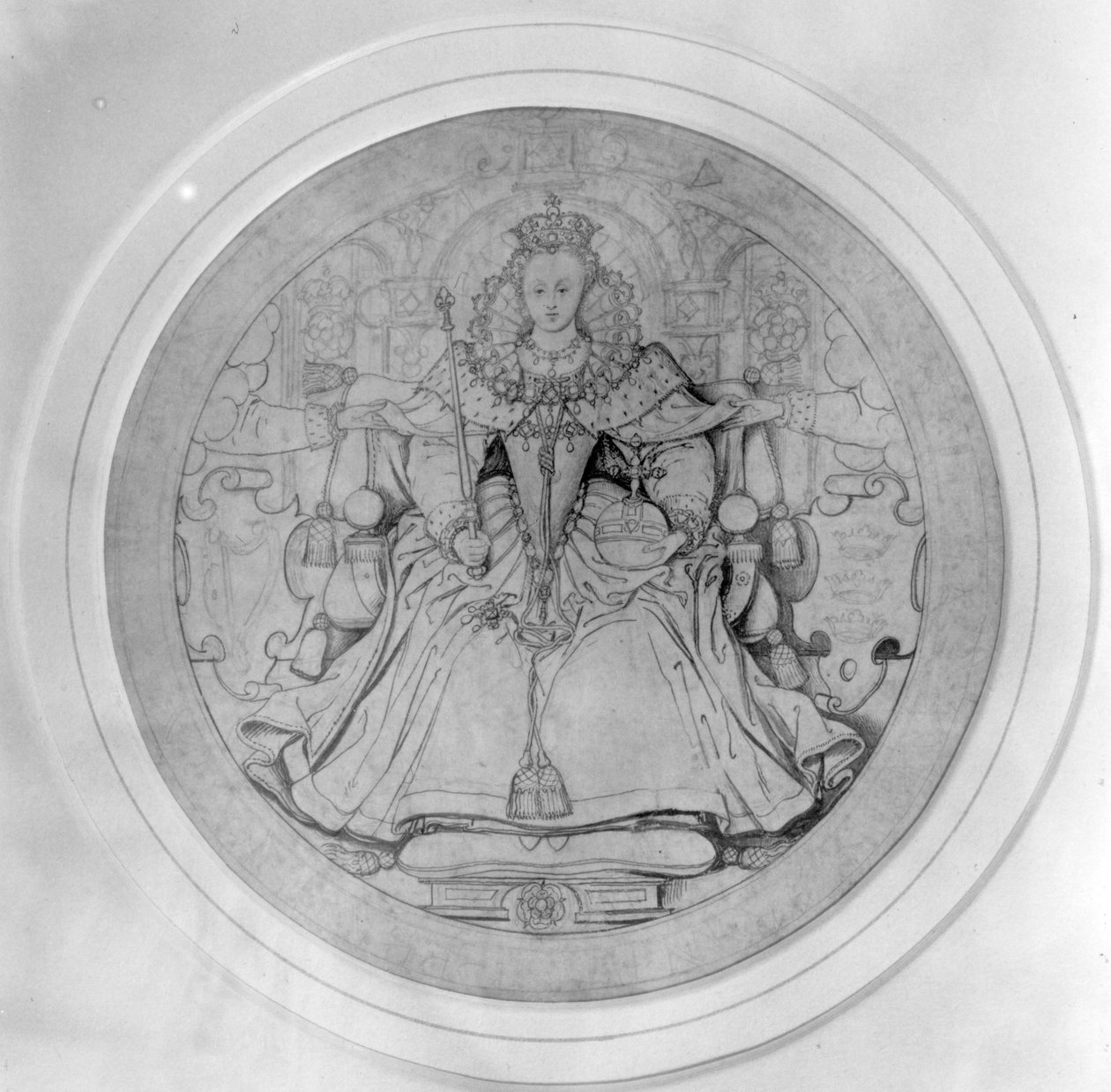 Projekt awersu Wielkiej Pieczęci Irlandii królowej Elżbiety I, ok. 1584 (pióro, tusz i grafit na welinie) autorstwa Nicholas Hilliard