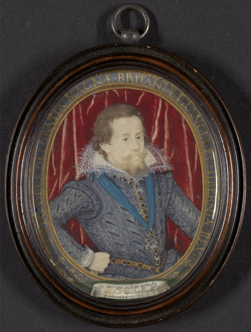 Jakub I z Anglii i VI ze Szkocji, ok. 1610 (w/c, gwasz i złoto, pióro i czarny tusz na welinie) autorstwa Nicholas Hilliard