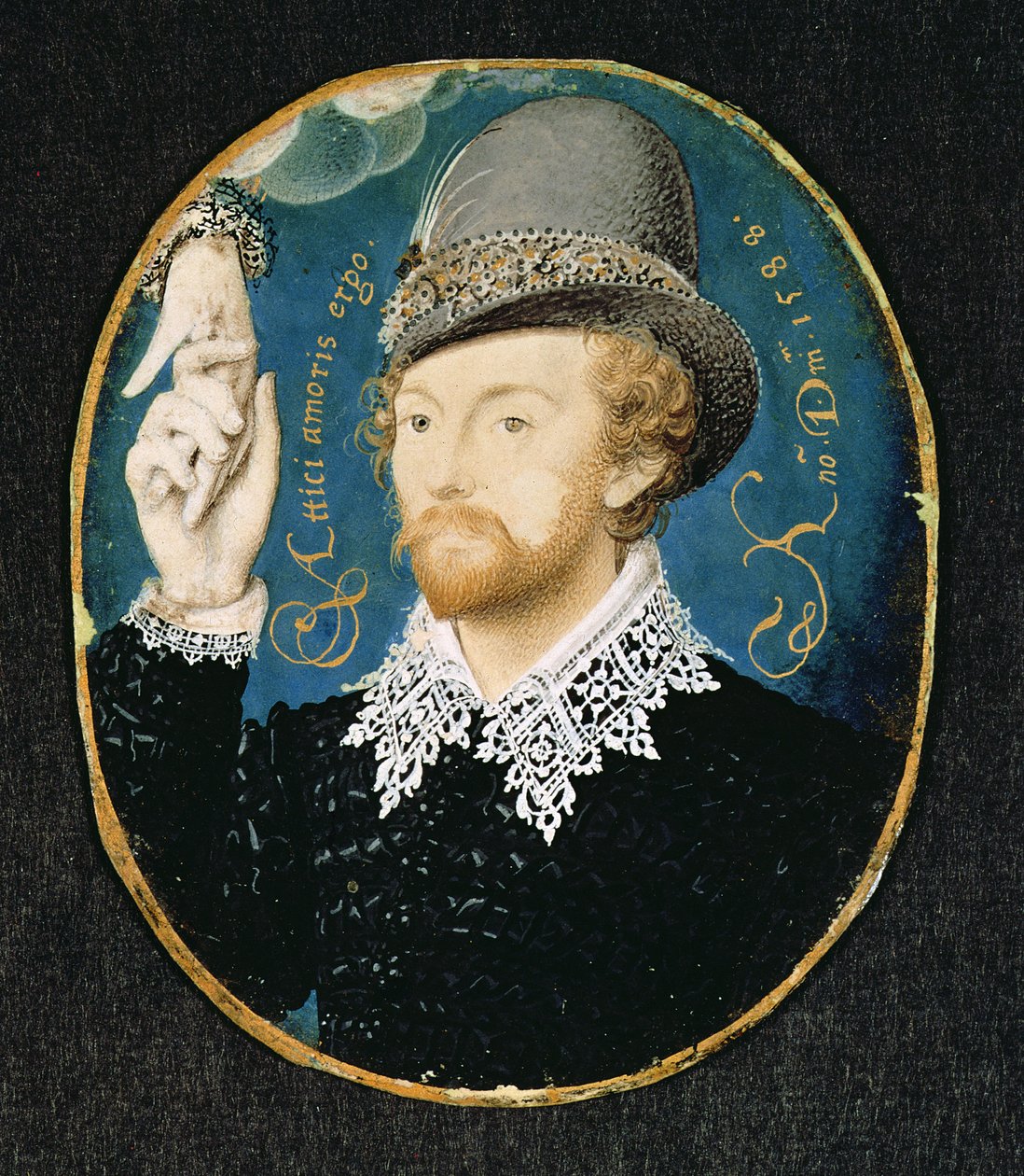 Mężczyzna trzymający się za rękę z chmury, prawdopodobnie William Shakespeare, 1588 autorstwa Nicholas Hilliard