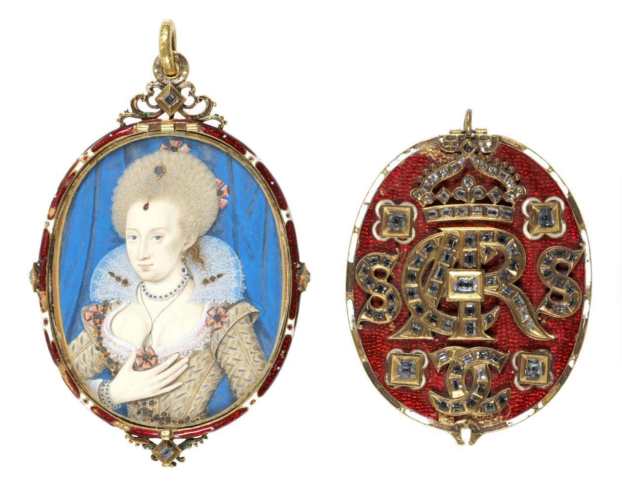 Miniatura portretowa królowej Anny Danii (1574-1619) z wysadzaną klejnotami okładką, ok. 1611 (wc na welinie, emaliowana złota rama wysadzana diamentami stołowymi) (patrz również 69710) autorstwa Nicholas Hilliard