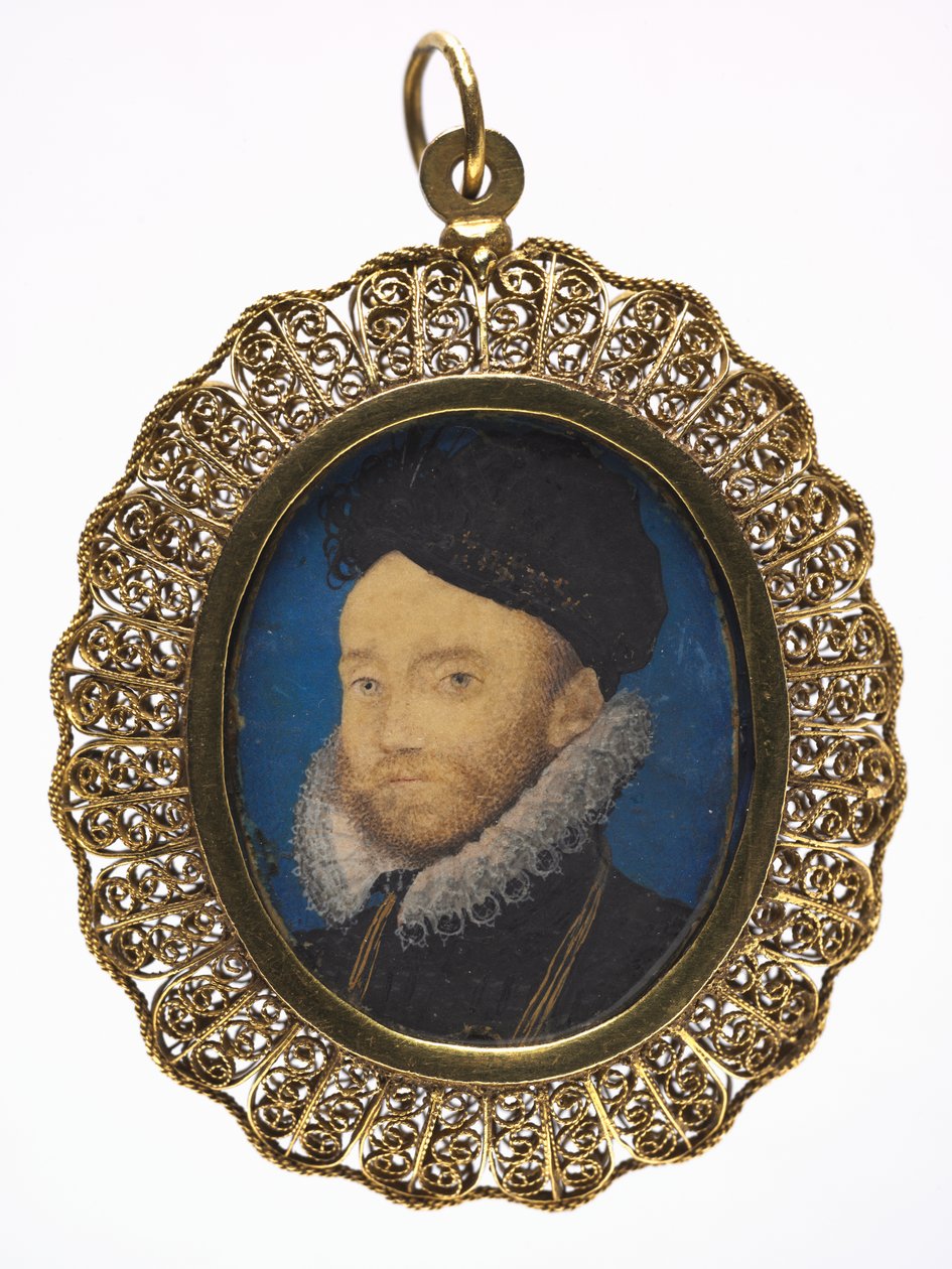 Portret mężczyzny, ok. 1590 (z welinem w późniejszej złoconej metalowej ramie) autorstwa Nicholas Hilliard