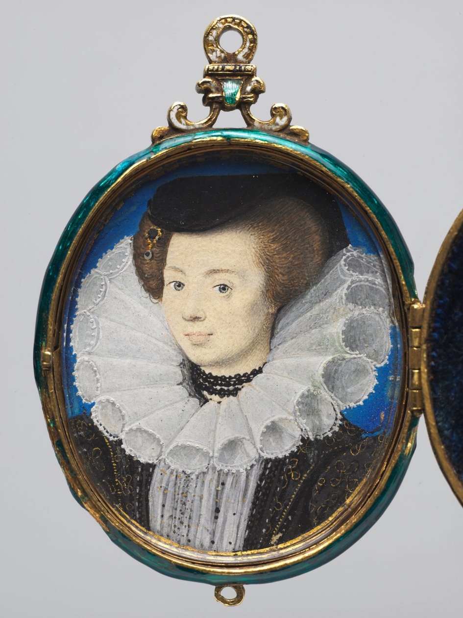Portret kobiety, ok. 1593 (akwarela na welinie w oprawie z medalionu ze złota i emalii) autorstwa Nicholas Hilliard