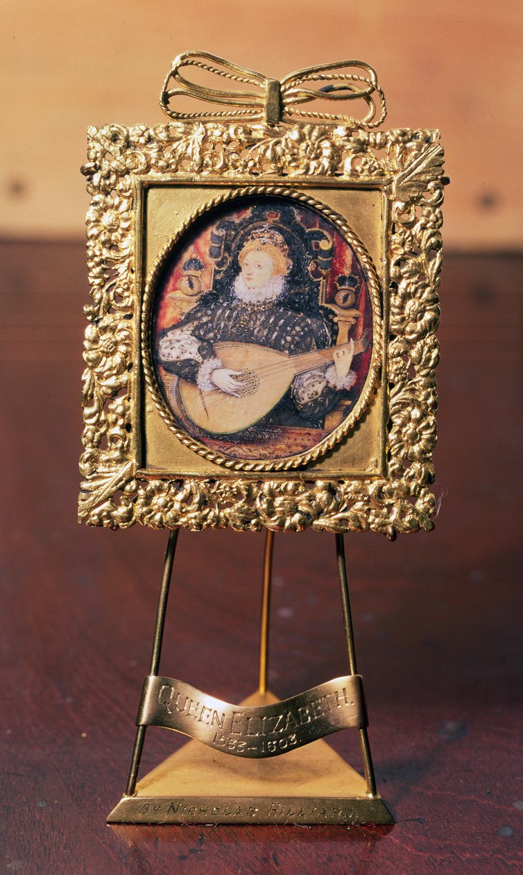 Królowa Elżbieta I grająca na lutni (miniatura zawierająca mosiężny stojak) (zobacz także 75751) autorstwa Nicholas Hilliard