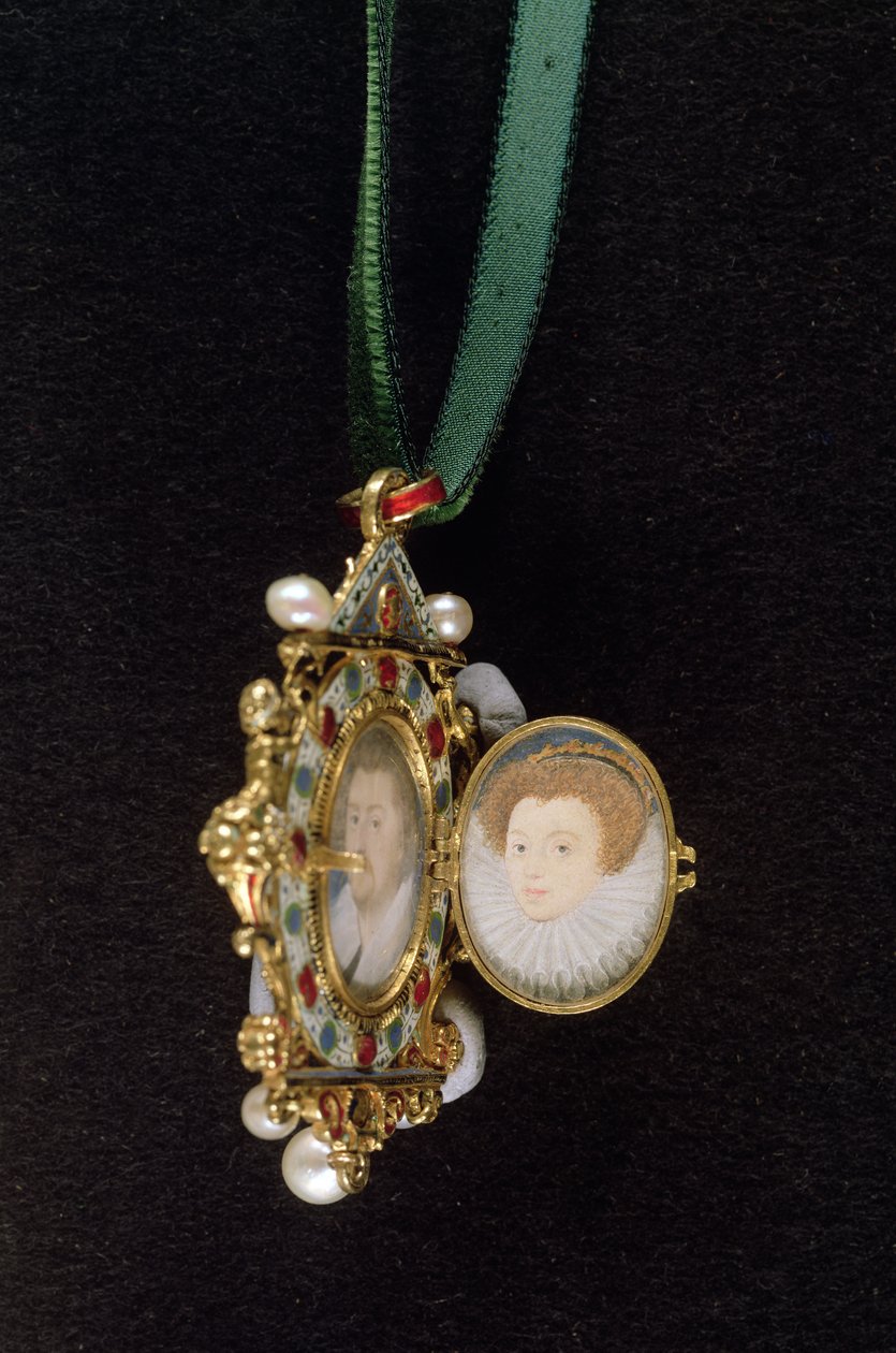 Klejnot Gresleya, z miniaturowymi portretami Sir Thomasa Gresleya i jego narzeczonej Catherine Walsingham (patrz także 14568) (media mieszane) autorstwa Nicholas Hilliard
