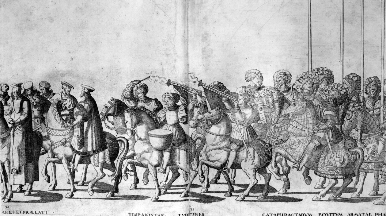 Tablica 30 i 31 z Wjazdu papieża Klemensa VII i cesarza Karola V do Bolonii 24 lutego 1530 r., opublikowana ok. 1530 r. autorstwa Nicholas Hogenberg