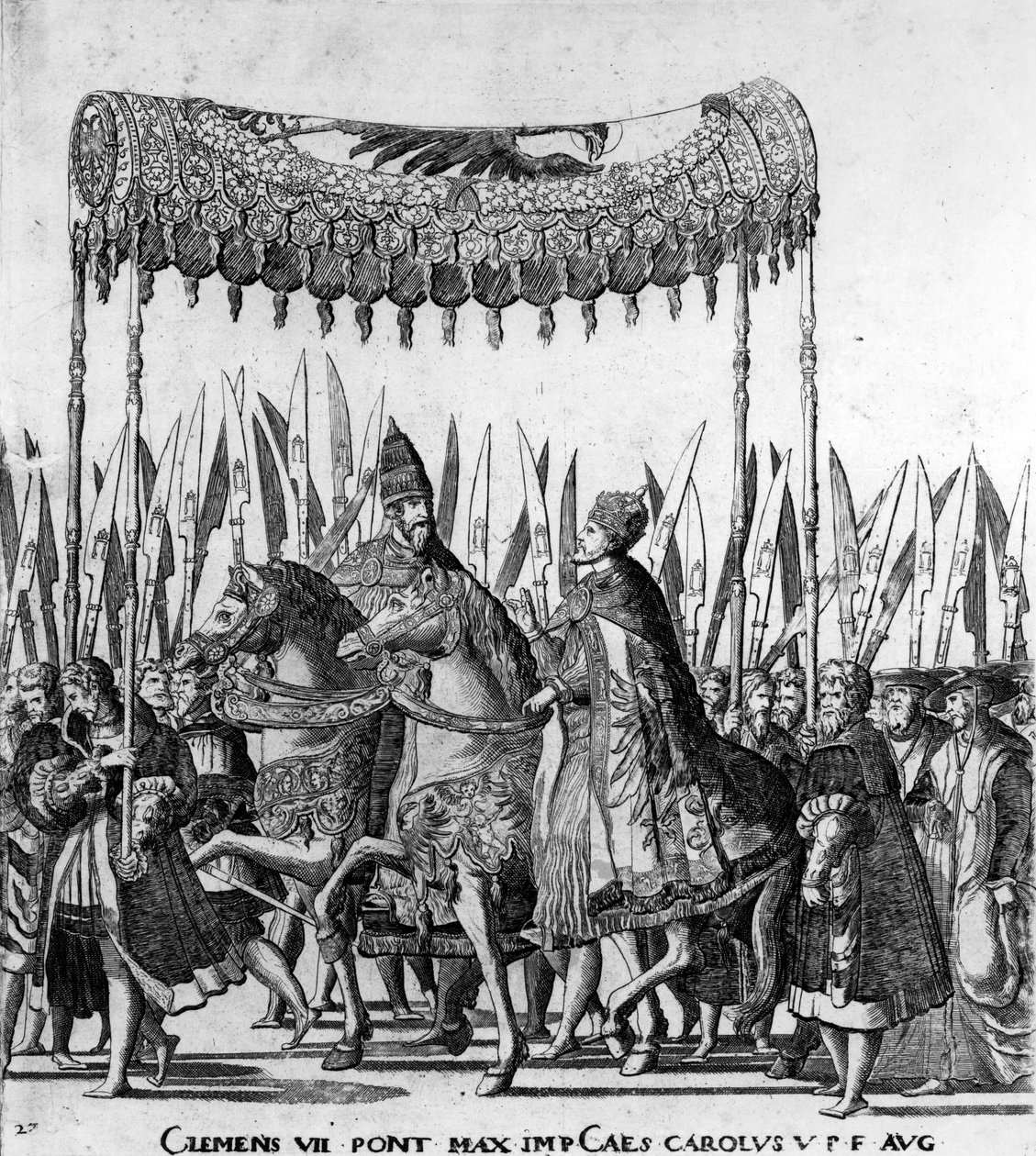 Wjazd papieża Klemensa VII i cesarza Karola V do Bolonii 24 lutego 1530 r., płyta 27, ok. 1530 r. (detal z 472273) autorstwa Nicholas Hogenberg