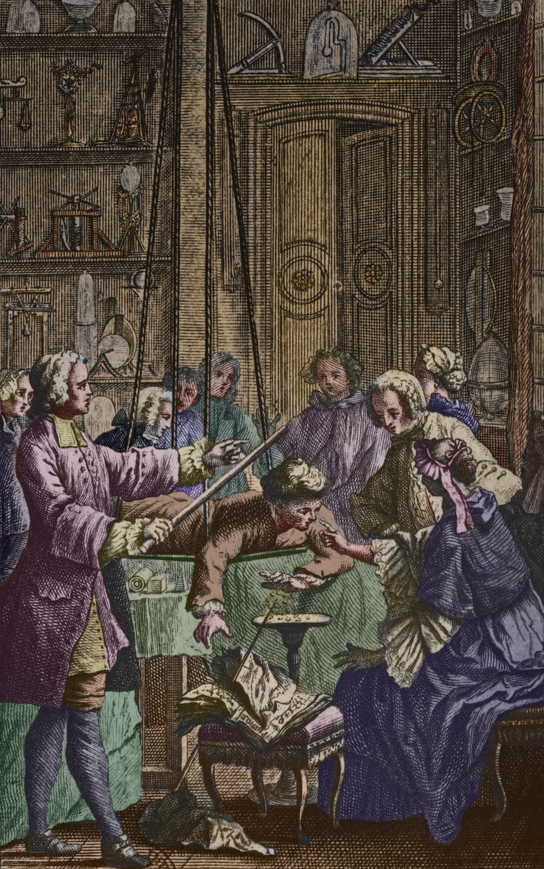 Eksperyment elektryczny wykonany na człowieku przez Abbe Jean Antoine Nollet (1700-70) w gabinecie fizyka, frontispisowa ilustracja z Essai sur lelectricite des corps autorstwa Nolleta, opublikowana 1746, rytowana przez autorstwa Nicholas Lesueur