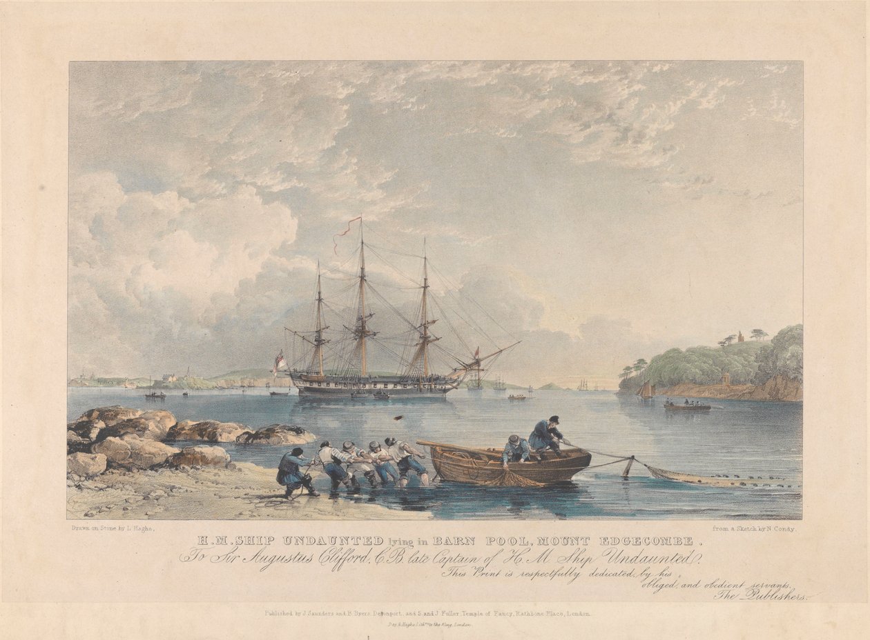 Litografia HMS "Undaunted" (1807) leżącego w Barn Pool, Mount Edgecombe, ok. 1797-1811 (litografia, kolorowana) autorstwa Nicholas Matthews (after) Condy