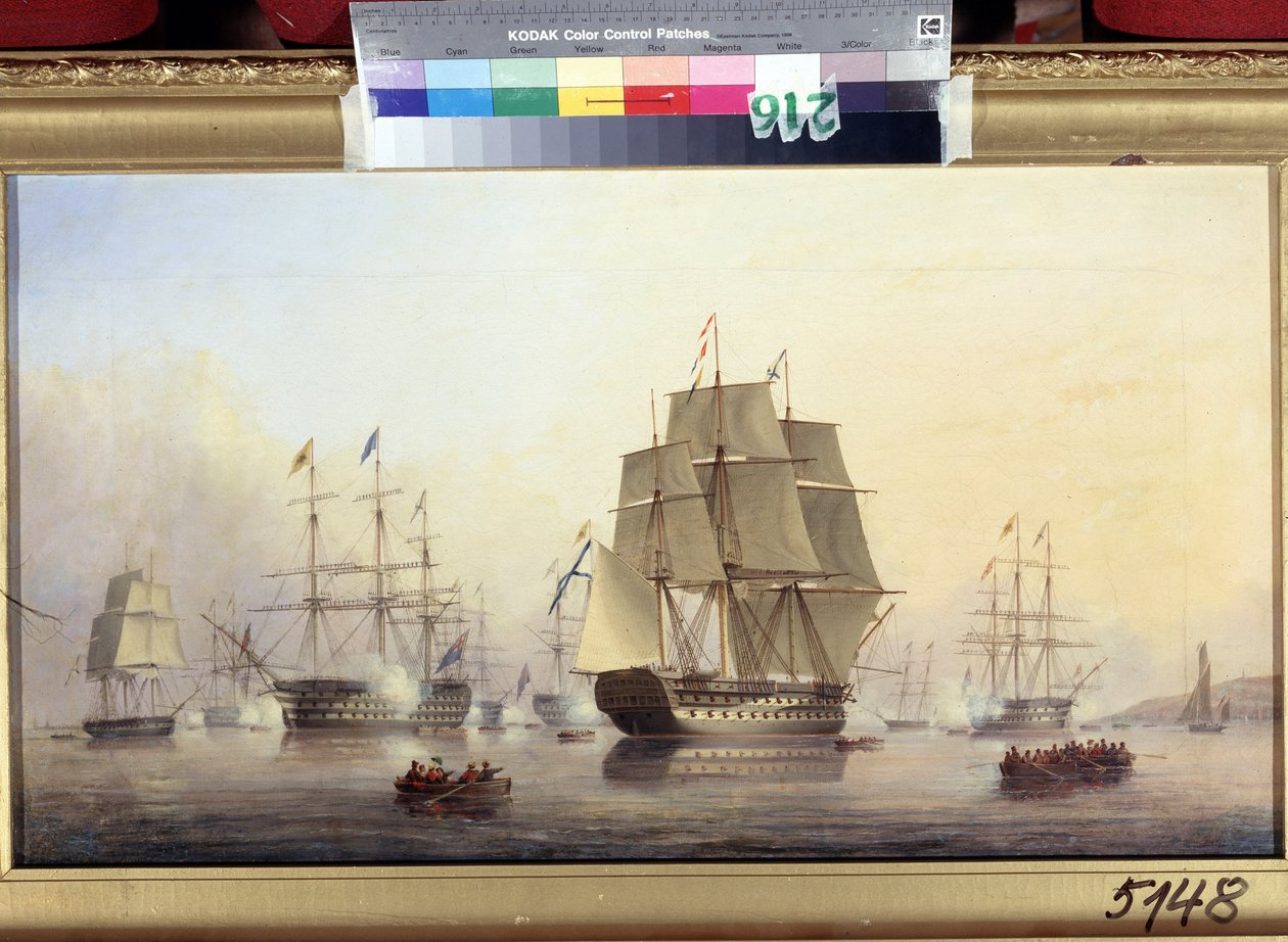 Cesarz Mikołaj I (1796-1855) z wizytą w Anglii (cesarz Mikołaj I z wizytą w Anglii). Łodzie strzelają z armat na powitanie i uczczenie cara Rosji. Obraz Mikołaja Matthew Condy