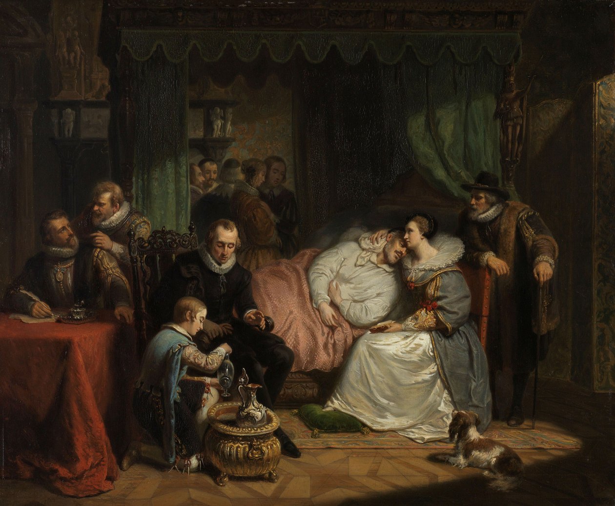 Książę Wilhelm I pielęgnowany przez żonę Charlotte de Bourbon po nieudanym zamachu na jego życie przez Jeana Jaurequi w Antwerpii w 1582 roku, 1840 autorstwa Nicholas Pieneman
