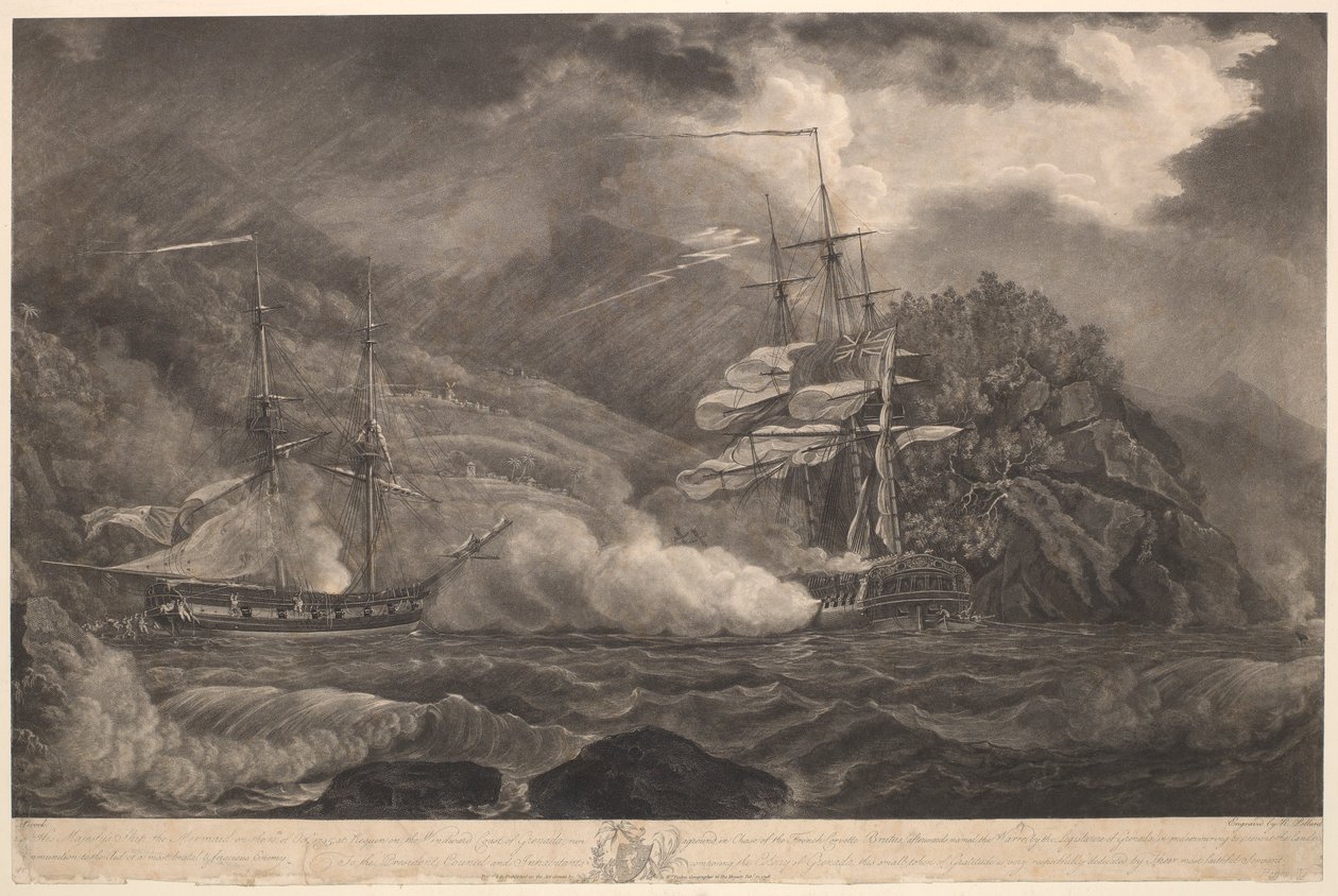 Okręt Jego Królewskiej Mości "Mermaid" 10 października 1795 r. w Requin.... Grenada, osiadł na mieliźnie w pościgu za francuską korwetą "Brutus"... aby uniemożliwić wyładunek amunicji. autorstwa Nicholas Pocock