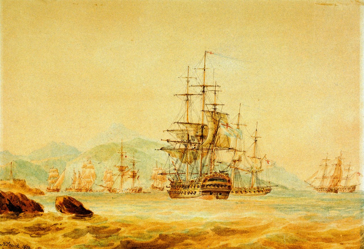 "Agamemnon" odcina francuskie statki z Port Maurice, niedaleko Oneglia autorstwa Nicholas Pocock