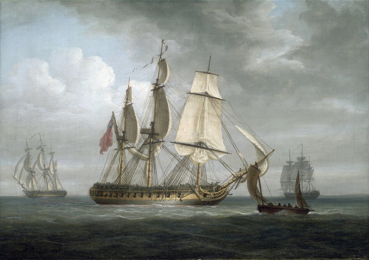 Fregata "Triton", zbudowana w Deptford (Anglia) w 1796 roku, wraz z innymi statkami. Olej na płótnie autorstwa Nicholas Pocock