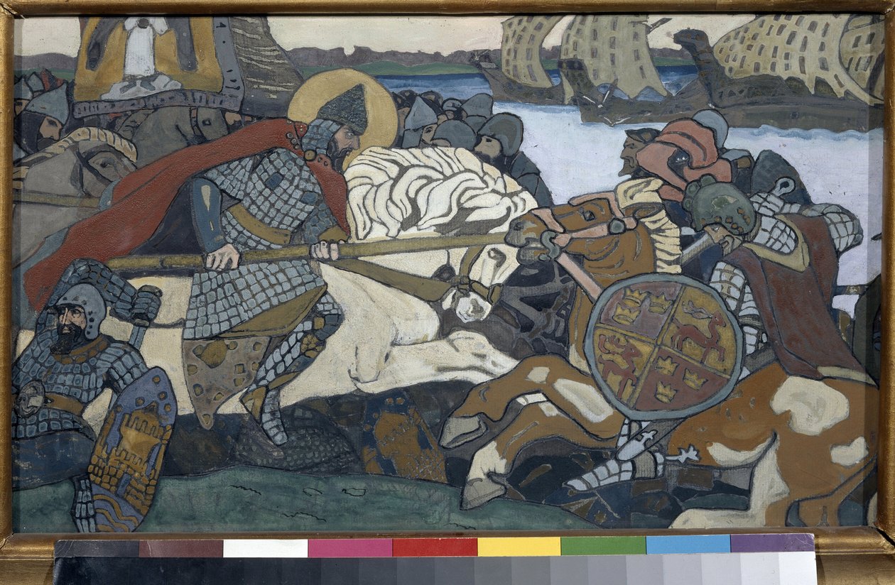 Aleksander Newski (1220-1263) uderzający Birger Jarl (1210-1266) (lub Birger Magnusson z Bjalbo). Odcinek bitwy nad Newą (1240). Praca Nicolasa Roericha (1874-1947), gwasz na tekturze autorstwa Nicholas Roerich