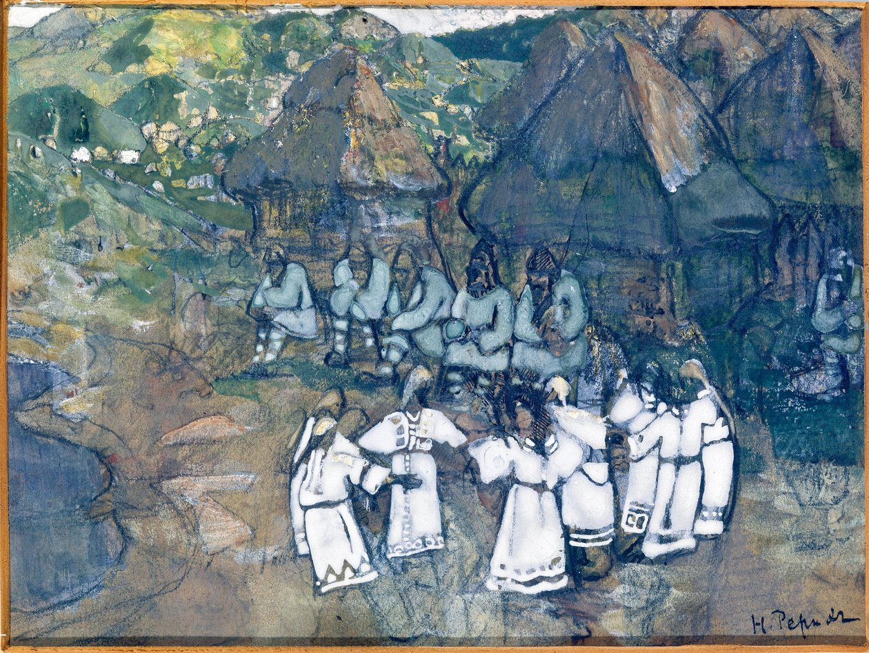 Taniec w kręgu (okrągły). Praca Nicolasa (Mikołaja) Roericha (1874-1947), akwarela i gwasz na papierze, ok. 1900-1910. sztuka rosyjska XX w., symbolika; Państwowe Muzeum Sztuki im. M. Nesterowa Republiki Baszkirii, Ufa (Rosja). autorstwa Nicholas Roerich